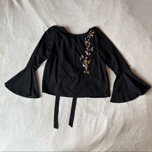 Cliché Black Floral Embroidered Long Bell Sleeve Keyhole Tie Back Blouse